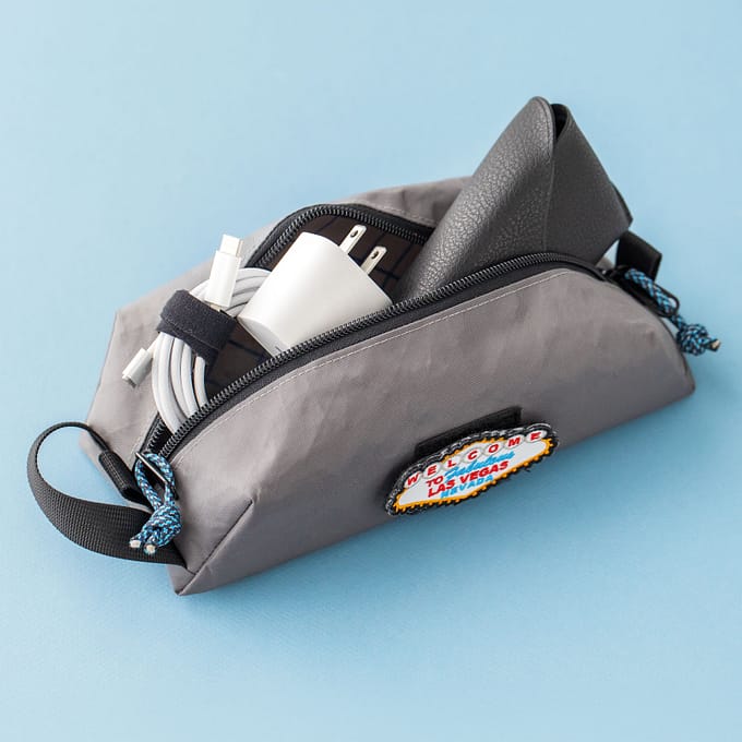 Open pouch angle 3: Livingston slim EDC box pouch sewing pattern in grey fabric, open packed view
