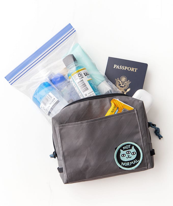 Pack shot with contents: Earl Grey EDC pouch packed with travel essentials including earbuds and charging cables